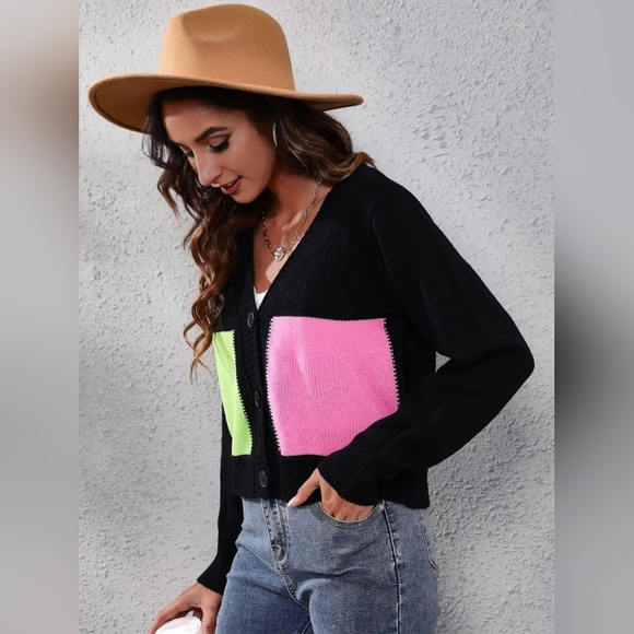 Color Block Cropped Classic Knit Button Front Long Sleeve Casual Cardigan Bright - Picture 6 of 8